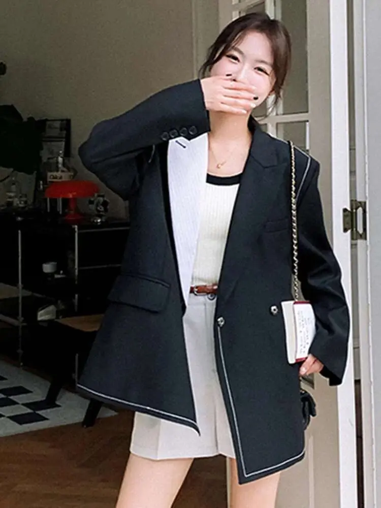 LANMREM Colorblock Spliced Blazer For Women Notched Collar Long Sleeves Single Button Casual Suit Coat 2025 Chic New 2AA2393