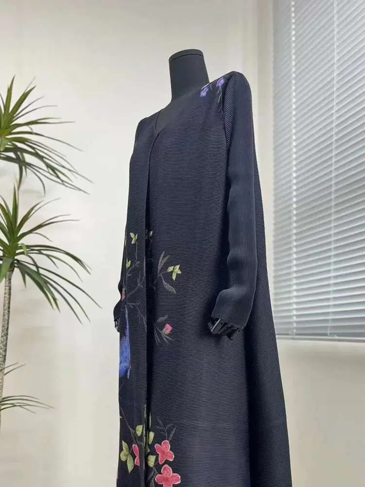 LANMREM Elegant Pleated Print Trench Womne's O-neck Long Sleeves Casual Windbreaker 2024 Female Autumn New Clothing 2Z2263