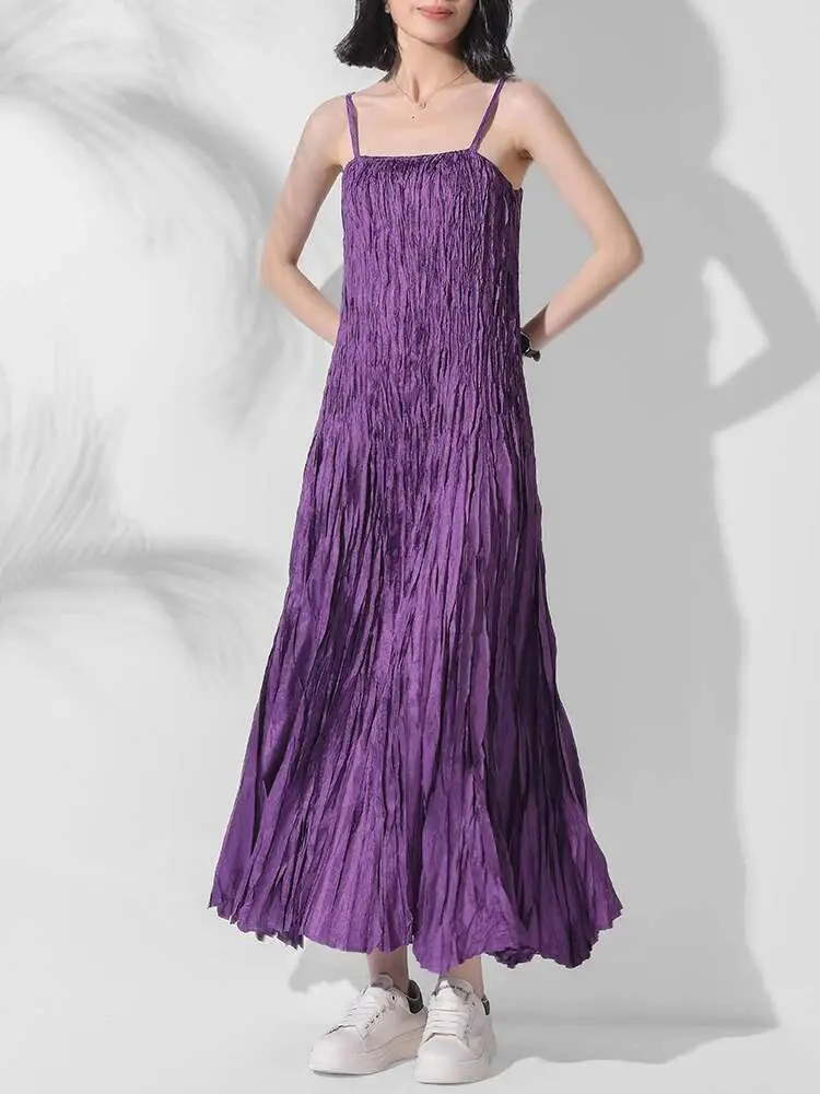LANMREM Fashion Handmade Strap Dress For Women High Waist Solid Color Pleated Sling Long Dresses Female 2024 Summer New 2DA8415