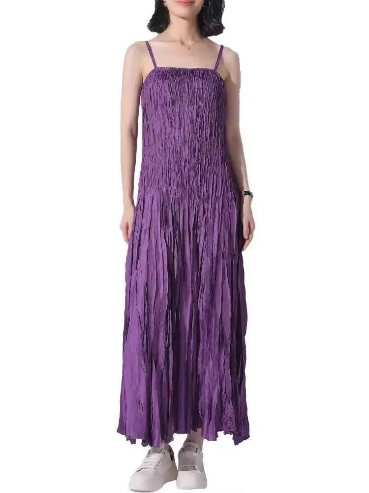 LANMREM Fashion Handmade Strap Dress For Women High Waist Solid Color Pleated Sling Long Dresses Female 2024 Summer New 2DA8415