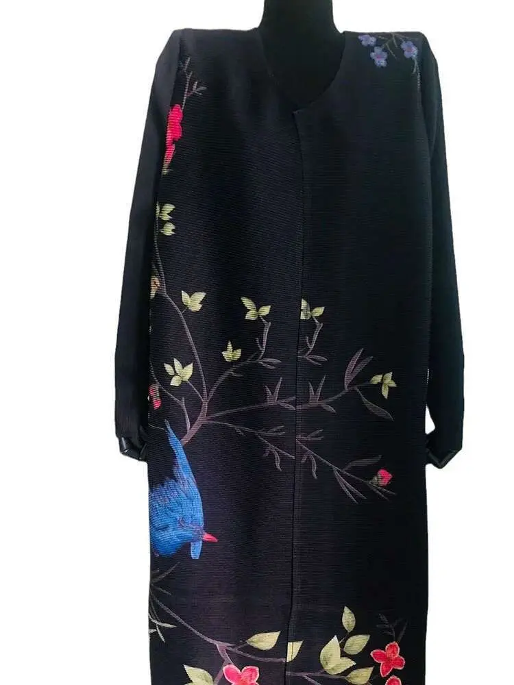LANMREM Elegant Pleated Print Trench Womne's O-neck Long Sleeves Casual Windbreaker 2024 Female Autumn New Clothing 2Z2263