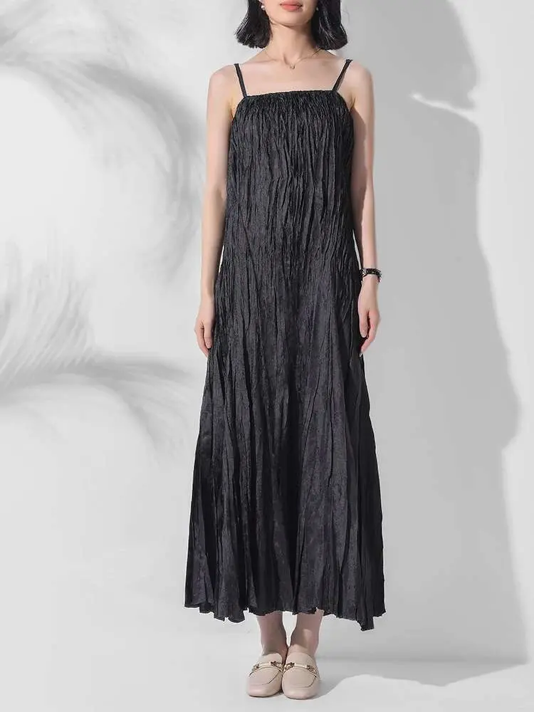 LANMREM Fashion Handmade Strap Dress For Women High Waist Solid Color Pleated Sling Long Dresses Female 2024 Summer New 2DA8415
