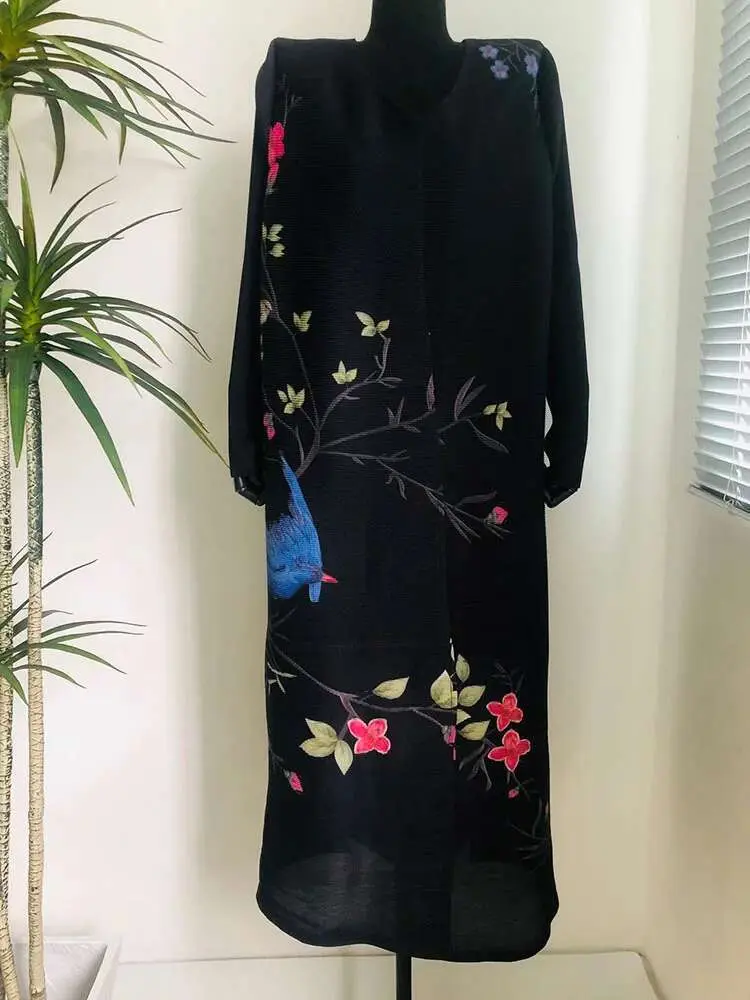 LANMREM Elegant Pleated Print Trench Womne's O-neck Long Sleeves Casual Windbreaker 2024 Female Autumn New Clothing 2Z2263