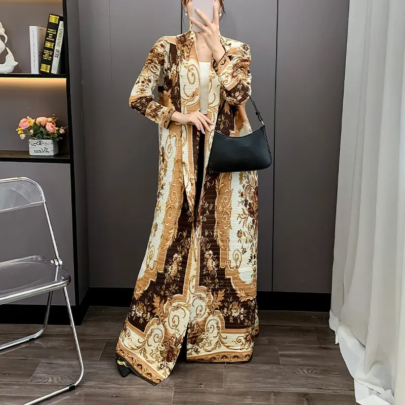 LANMREM High Quality Double Layer Sewn Lapel Pleated Trench Coat Autumn 2025 New Print Elastic Loose Women's Arab Robe 2DB3932
