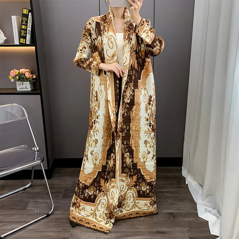 LANMREM High Quality Double Layer Sewn Lapel Pleated Trench Coat Autumn 2025 New Print Elastic Loose Women's Arab Robe 2DB3932