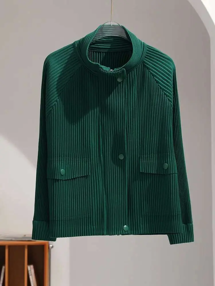 LANMREM Casual Pleated Jacket Turn Down Collar Zipper Long Sleeves Solid Color Coats With Pockets Female Chic Clothing 2DA8003