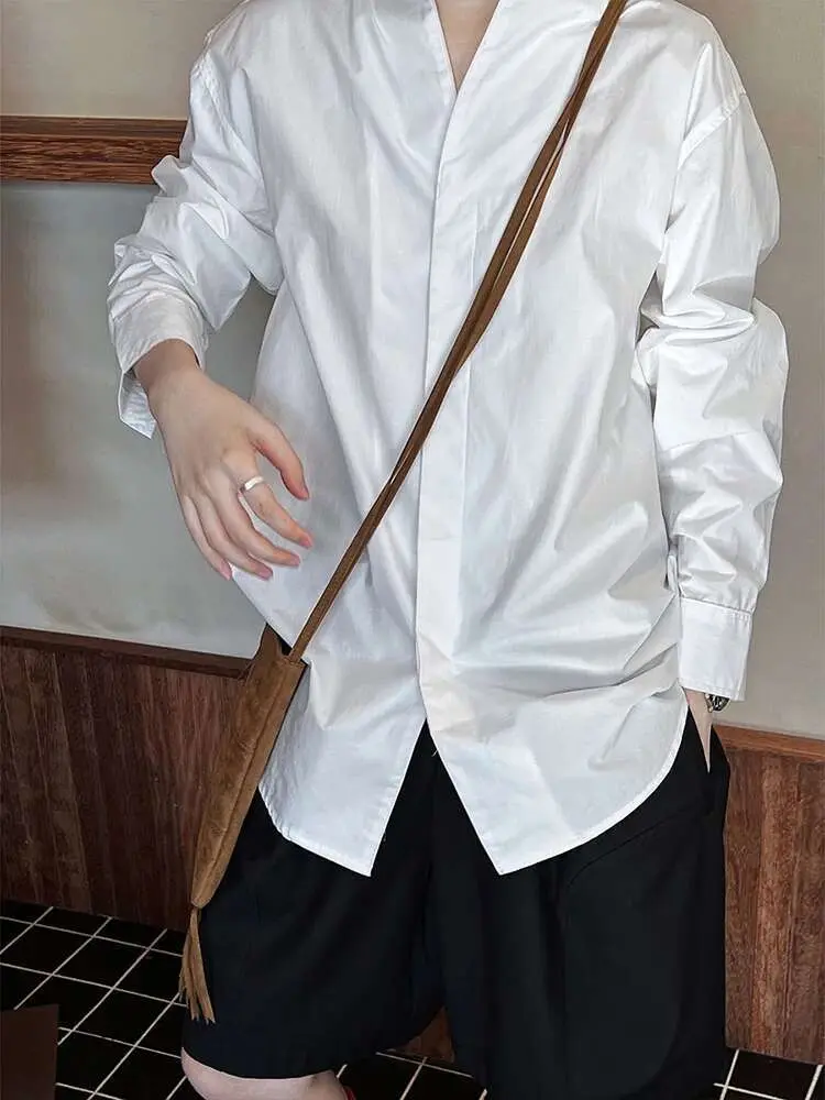 LANMREM Minimalist V Neck Collar Shirt Purple Color Long Sleeves Loose Style Office Lady Fashion Clothes 2025 Spring New 2DA8835