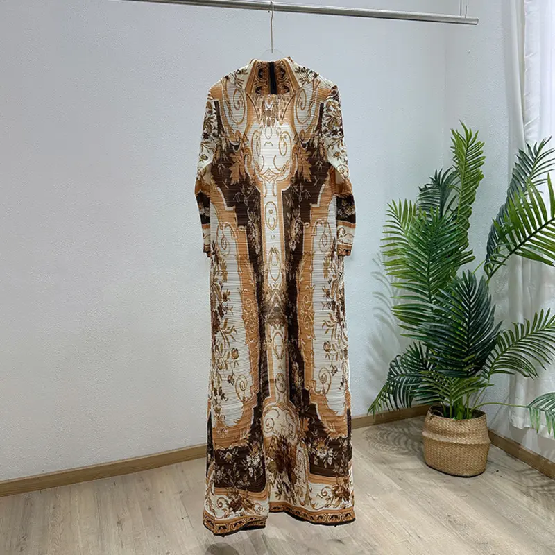 LANMREM High Quality Double Layer Sewn Lapel Pleated Trench Coat Autumn 2025 New Print Elastic Loose Women's Arab Robe 2DB3932