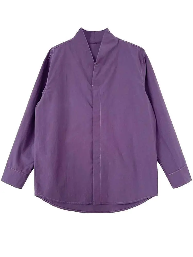 LANMREM Minimalist V Neck Collar Shirt Purple Color Long Sleeves Loose Style Office Lady Fashion Clothes 2025 Spring New 2DA8835