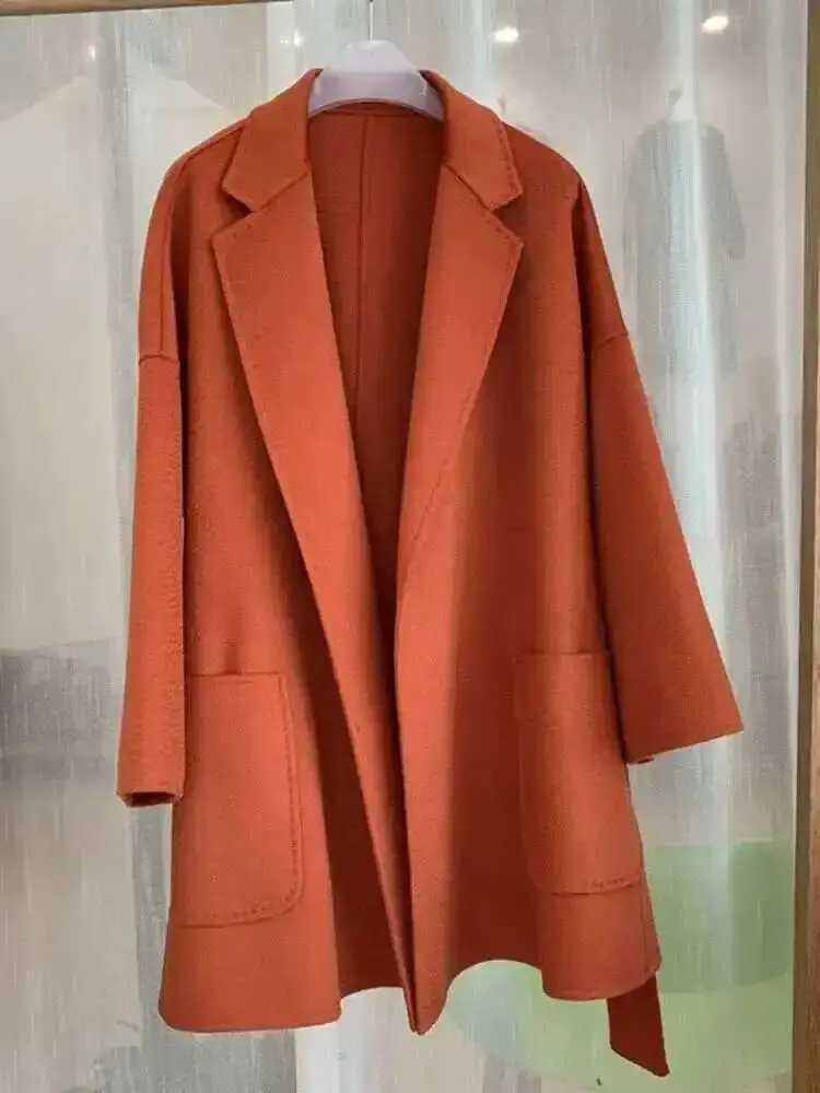 LANMREM 2025 Spring New Women Elegant  Double-sided Long Sleeve Solid Color Cardigan Cashmere Soft Coat Female Fashion 2W402