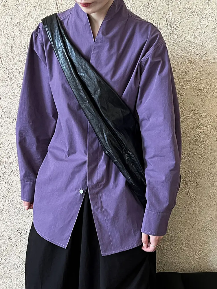 LANMREM Minimalist V Neck Collar Shirt Purple Color Long Sleeves Loose Style Office Lady Fashion Clothes 2025 Spring New 2DA8835