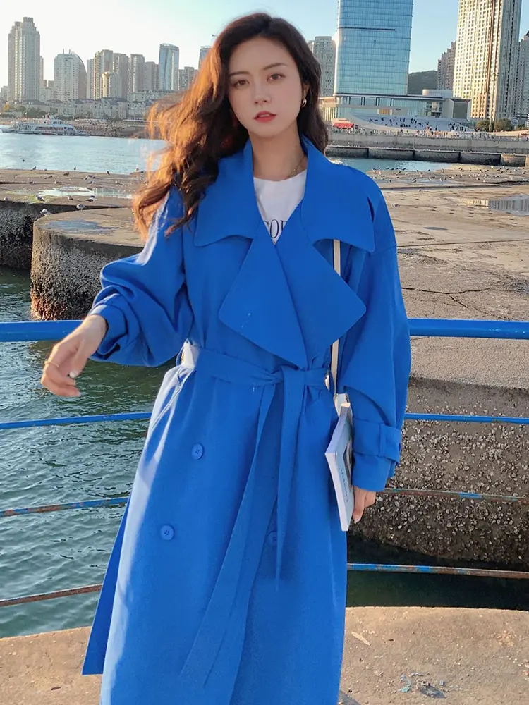 LANMREM Fashion Solid Color Belt Windbreaker For Women Lapel Double Breasted Mid Length Trench Coat 2024 New Clothing 2AA5201