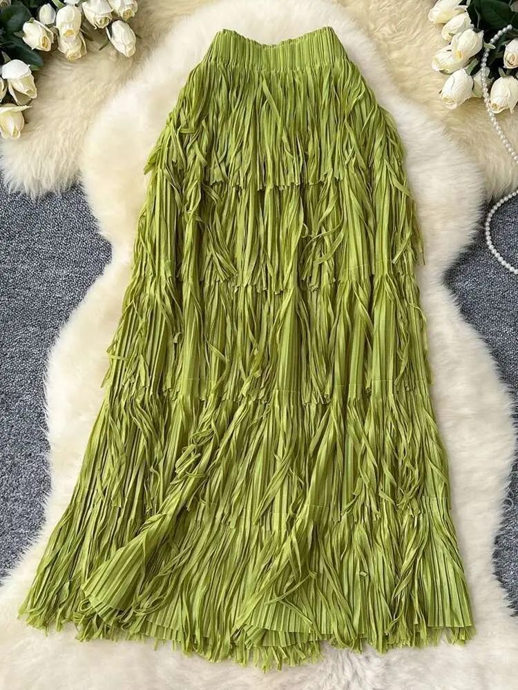 LANMREM Fringe Skirts Women Fashion 2025 Spring Summer New Elastic Waist Solid Color Casual Versatile Mid-length Skirt 2DE468