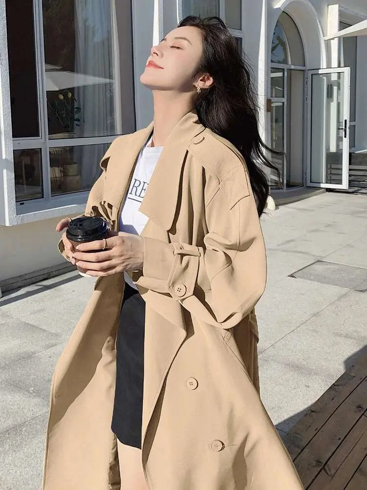 LANMREM Fashion Solid Color Belt Windbreaker For Women Lapel Double Breasted Mid Length Trench Coat 2024 New Clothing 2AA5201