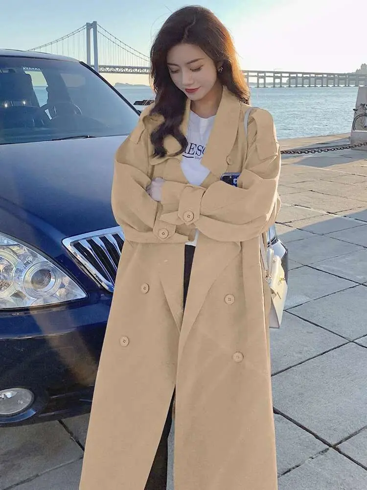 LANMREM Fashion Solid Color Belt Windbreaker For Women Lapel Double Breasted Mid Length Trench Coat 2024 New Clothing 2AA5201