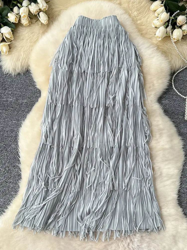 LANMREM Fringe Skirts Women Fashion 2025 Spring Summer New Elastic Waist Solid Color Casual Versatile Mid-length Skirt 2DE468