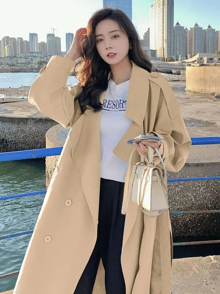 LANMREM Fashion Solid Color Belt Windbreaker For Women Lapel Double Breasted Mid Length Trench Coat 2024 New Clothing 2AA5201