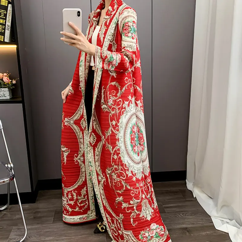 LANMREM Red National Style Printting Pleated Women's  Long Robe 2025 New Fashion Chic Temperament Cardigan Trench Coat 2DB3930