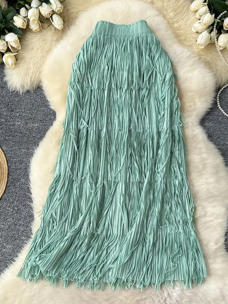 LANMREM Fringe Skirts Women Fashion 2025 Spring Summer New Elastic Waist Solid Color Casual Versatile Mid-length Skirt 2DE468