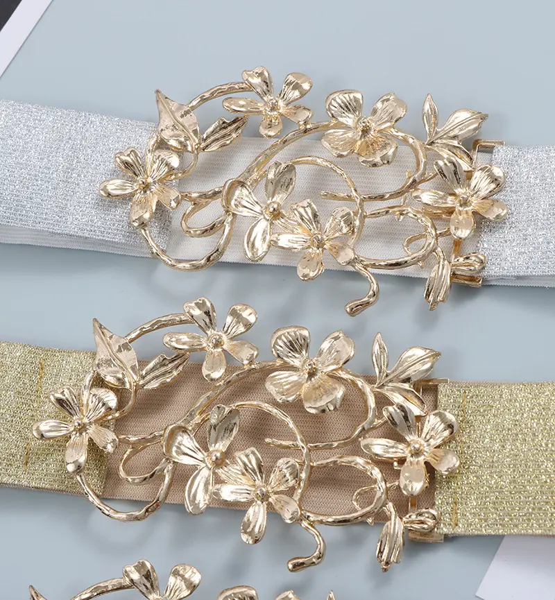 LANMREM Women Temperament Golden Flower Buckle Gold Silver Thread Elastic Waistband Fashionable Matching Skirt Dress 2DB1921