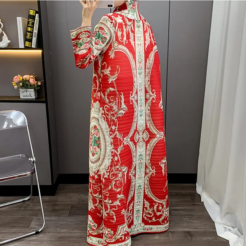 LANMREM Red National Style Printting Pleated Women's  Long Robe 2025 New Fashion Chic Temperament Cardigan Trench Coat 2DB3930