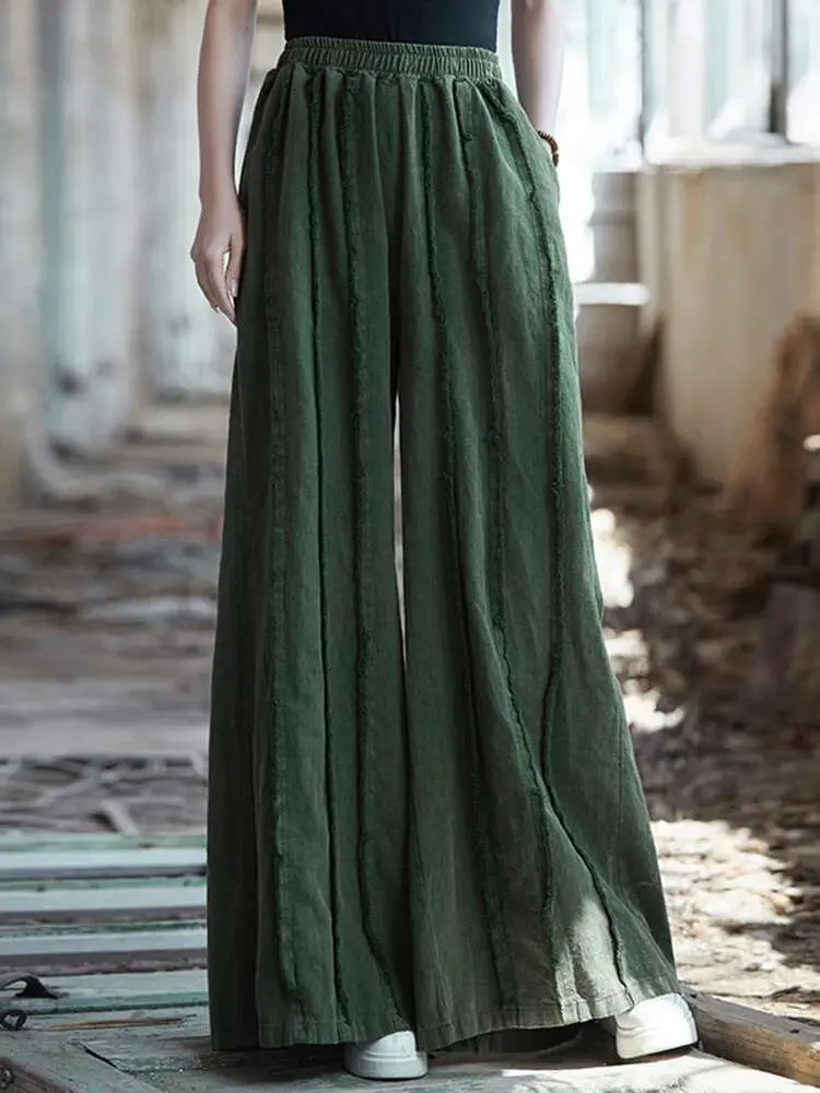 LANMREM Casual Stitching Wide Leg Pants For Women Elastic High Waist Cotton Linen Trousers With Pockets 2025 Spring New 2Z2144