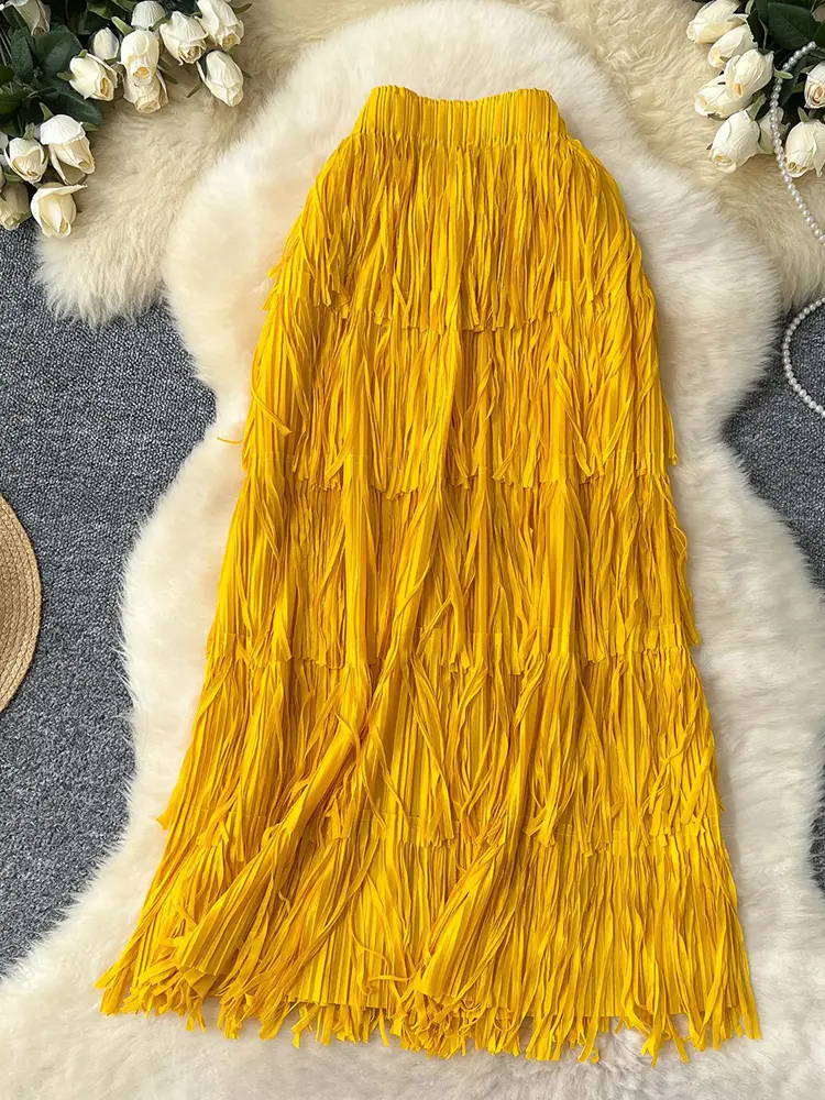 LANMREM Fringe Skirts Women Fashion 2025 Spring Summer New Elastic Waist Solid Color Casual Versatile Mid-length Skirt 2DE468