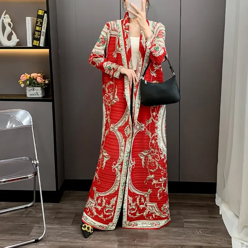 LANMREM Red National Style Printting Pleated Women's  Long Robe 2025 New Fashion Chic Temperament Cardigan Trench Coat 2DB3930