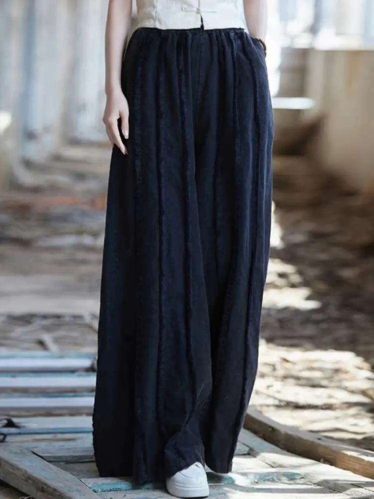 LANMREM Casual Stitching Wide Leg Pants For Women Elastic High Waist Cotton Linen Trousers With Pockets 2025 Spring New 2Z2144