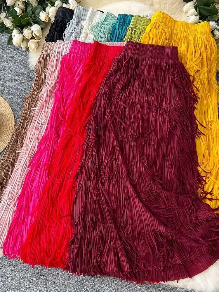 LANMREM Fringe Skirts Women Fashion 2025 Spring Summer New Elastic Waist Solid Color Casual Versatile Mid-length Skirt 2DE468