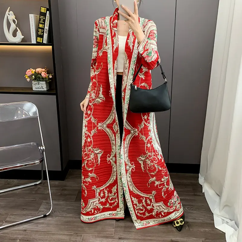 LANMREM Red National Style Printting Pleated Women's  Long Robe 2025 New Fashion Chic Temperament Cardigan Trench Coat 2DB3930