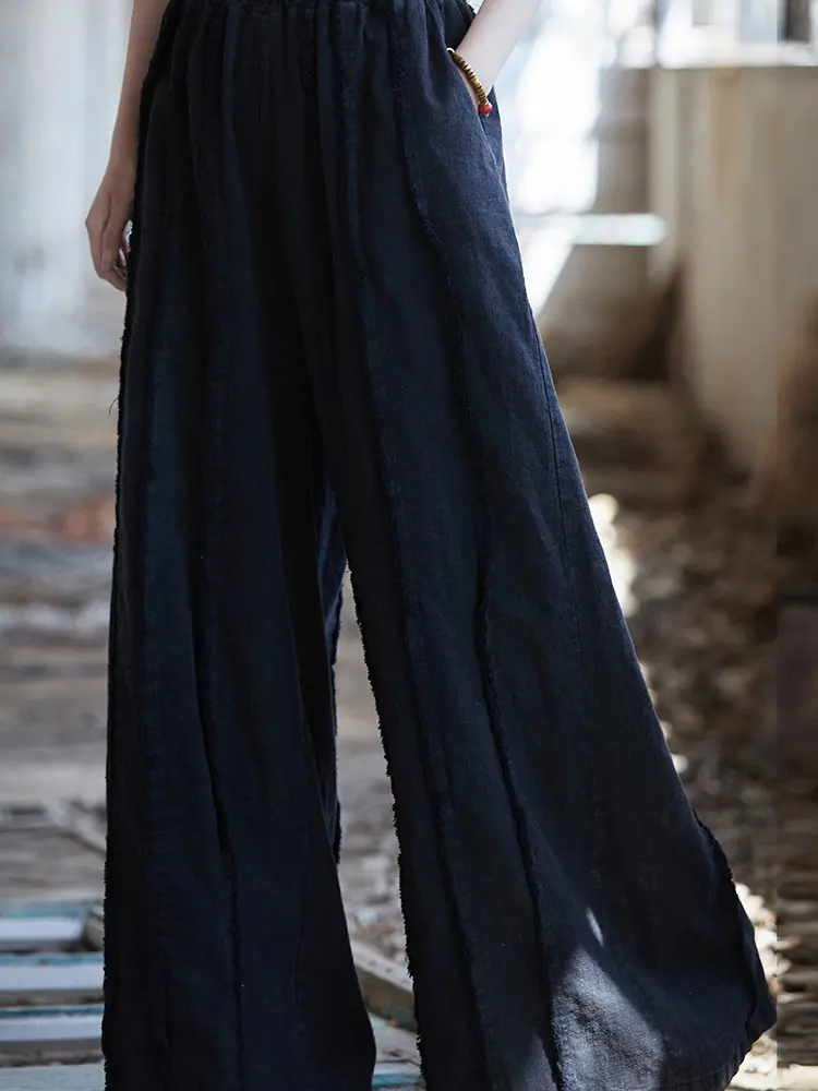 LANMREM Casual Stitching Wide Leg Pants For Women Elastic High Waist Cotton Linen Trousers With Pockets 2025 Spring New 2Z2144