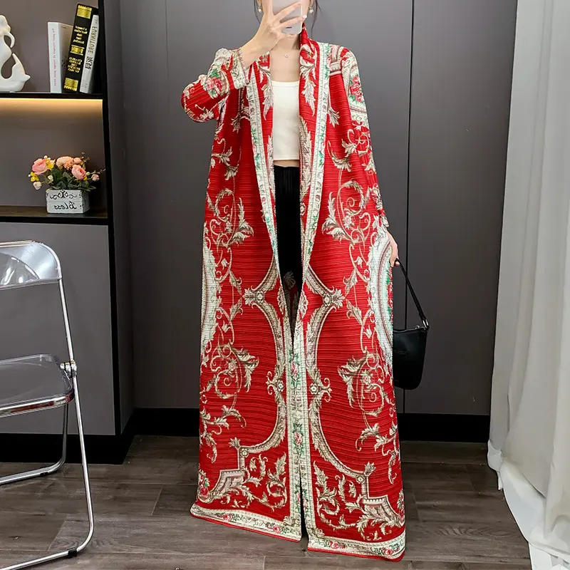 LANMREM Red National Style Printting Pleated Women's  Long Robe 2025 New Fashion Chic Temperament Cardigan Trench Coat 2DB3930