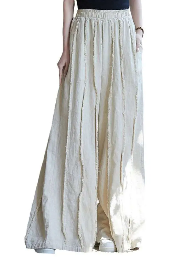 LANMREM Casual Stitching Wide Leg Pants For Women Elastic High Waist Cotton Linen Trousers With Pockets 2025 Spring New 2Z2144