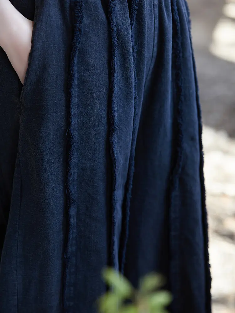 LANMREM Casual Stitching Wide Leg Pants For Women Elastic High Waist Cotton Linen Trousers With Pockets 2025 Spring New 2Z2144