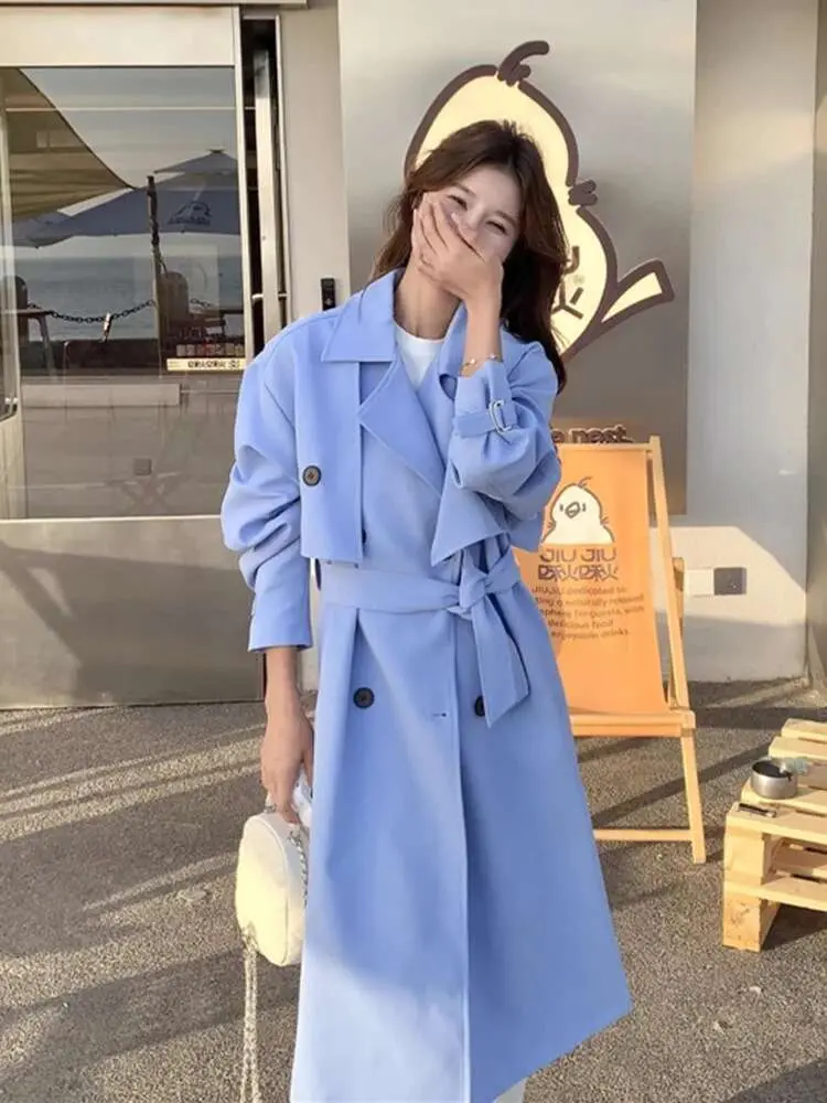 LANMREM Women's Blue Trench Coat New Fashion Lapel Patchwork Belt Double Breasted Mid Length Coats Korean Style Clothing 2DC1579