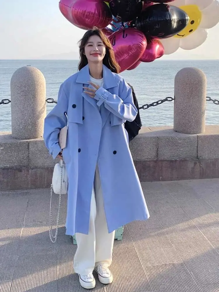 LANMREM Women's Blue Trench Coat New Fashion Lapel Patchwork Belt Double Breasted Mid Length Coats Korean Style Clothing 2DC1579