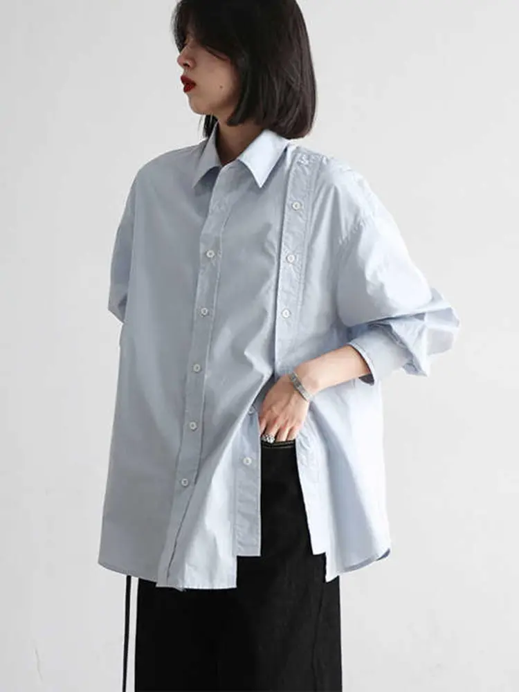 LANMREM Irregular Double Breasted Blue Long Sleeved Shirt For Women Niche Design Loose Casual Chic Blouse Top 2025 New 2DB3180