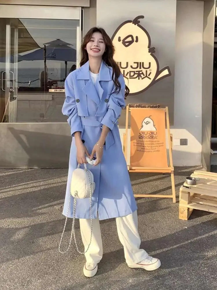 LANMREM Women's Blue Trench Coat New Fashion Lapel Patchwork Belt Double Breasted Mid Length Coats Korean Style Clothing 2DC1579