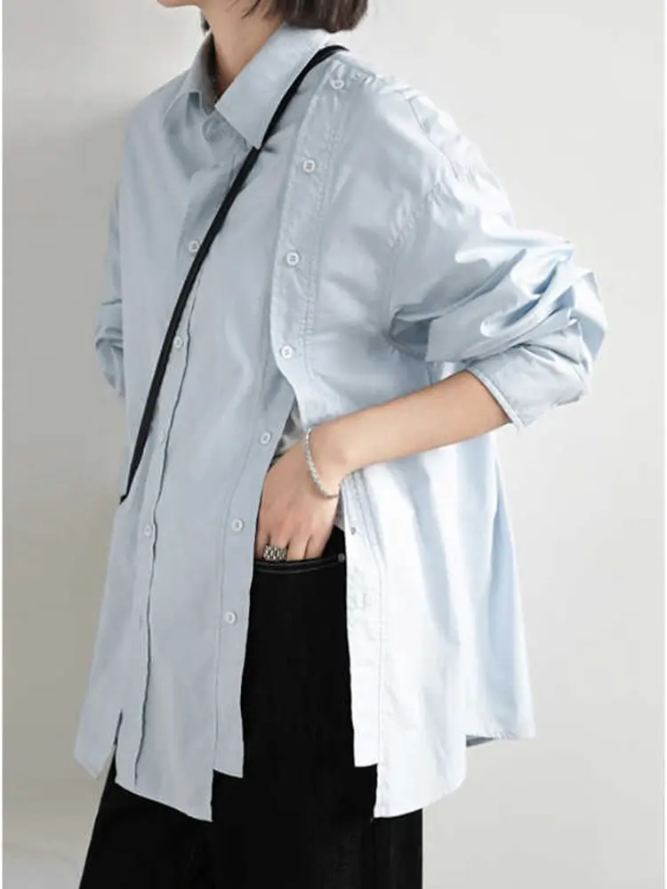 LANMREM Irregular Double Breasted Blue Long Sleeved Shirt For Women Niche Design Loose Casual Chic Blouse Top 2025 New 2DB3180