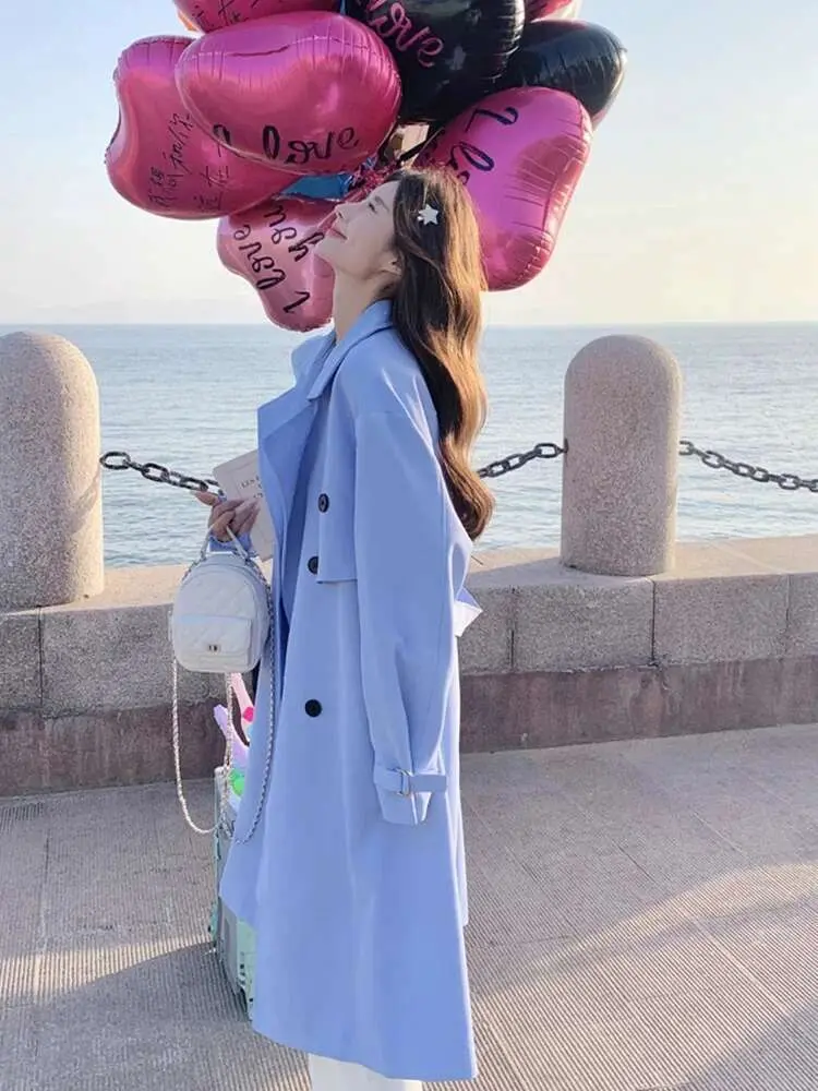 LANMREM Women's Blue Trench Coat New Fashion Lapel Patchwork Belt Double Breasted Mid Length Coats Korean Style Clothing 2DC1579