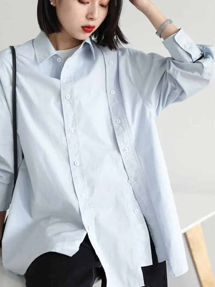 LANMREM Irregular Double Breasted Blue Long Sleeved Shirt For Women Niche Design Loose Casual Chic Blouse Top 2025 New 2DB3180