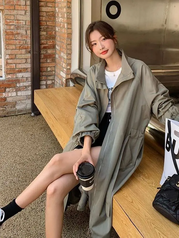 LANMREM Loose Casual Trench Coat Women Lapel Solid Color Zipper Mid Length Windbreaker With Belt Autumn Fashion Clothing 2R4502