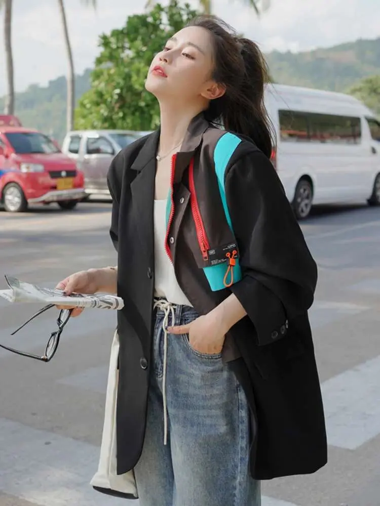 LANMREM Patchwork Designer Women's Blazer Notched Collar Contrast Color Single Breasted Coat Streetwear 2024 Spring New 2AA5218