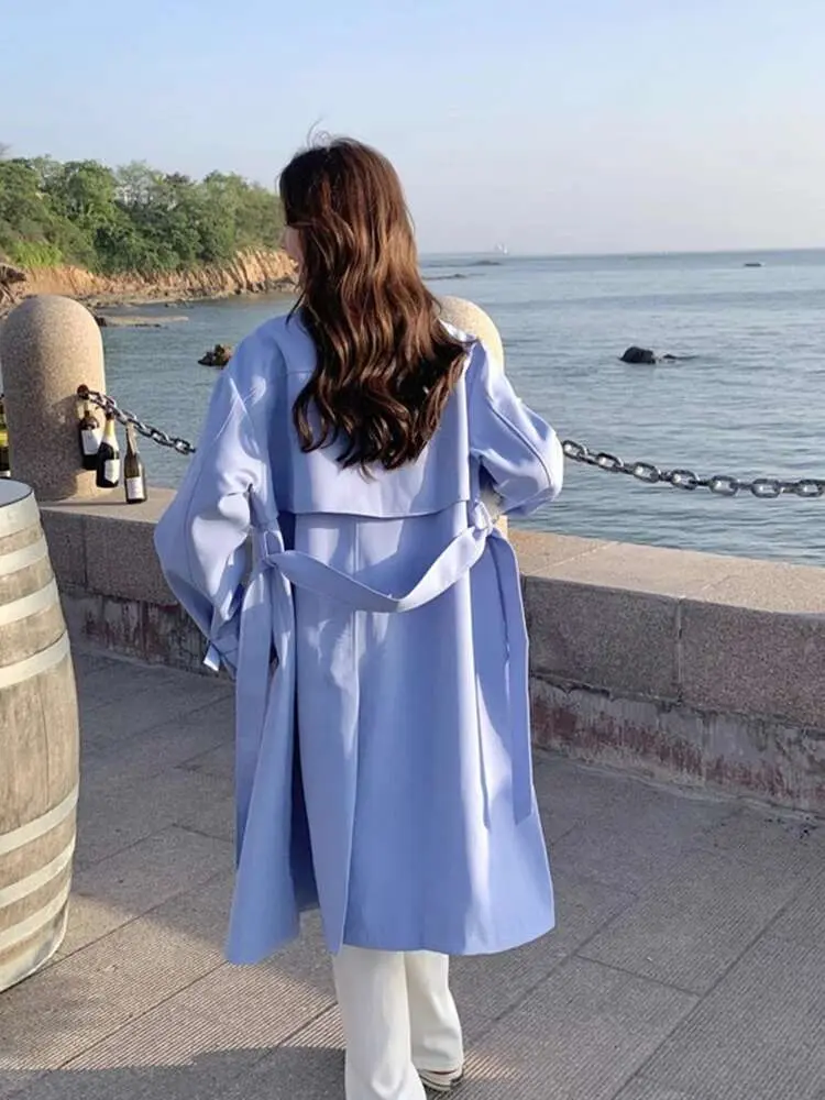 LANMREM Women's Blue Trench Coat New Fashion Lapel Patchwork Belt Double Breasted Mid Length Coats Korean Style Clothing 2DC1579