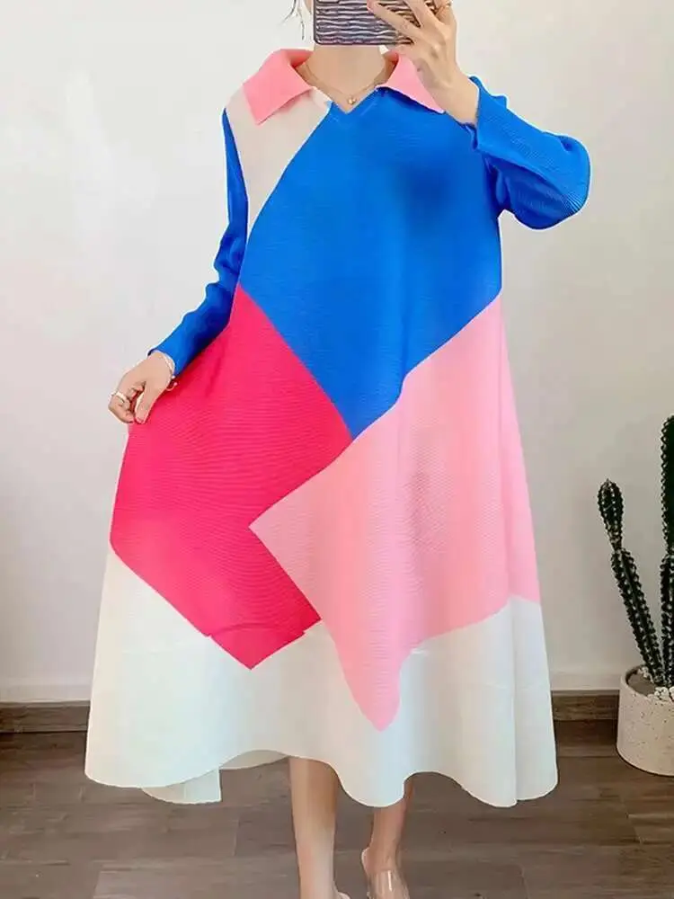LANMREM Pleated Dress Long Sleeves Lapel Color Block Loose Dresses 2025 New Autumn Female Fashion Festival Clothes 2YA878