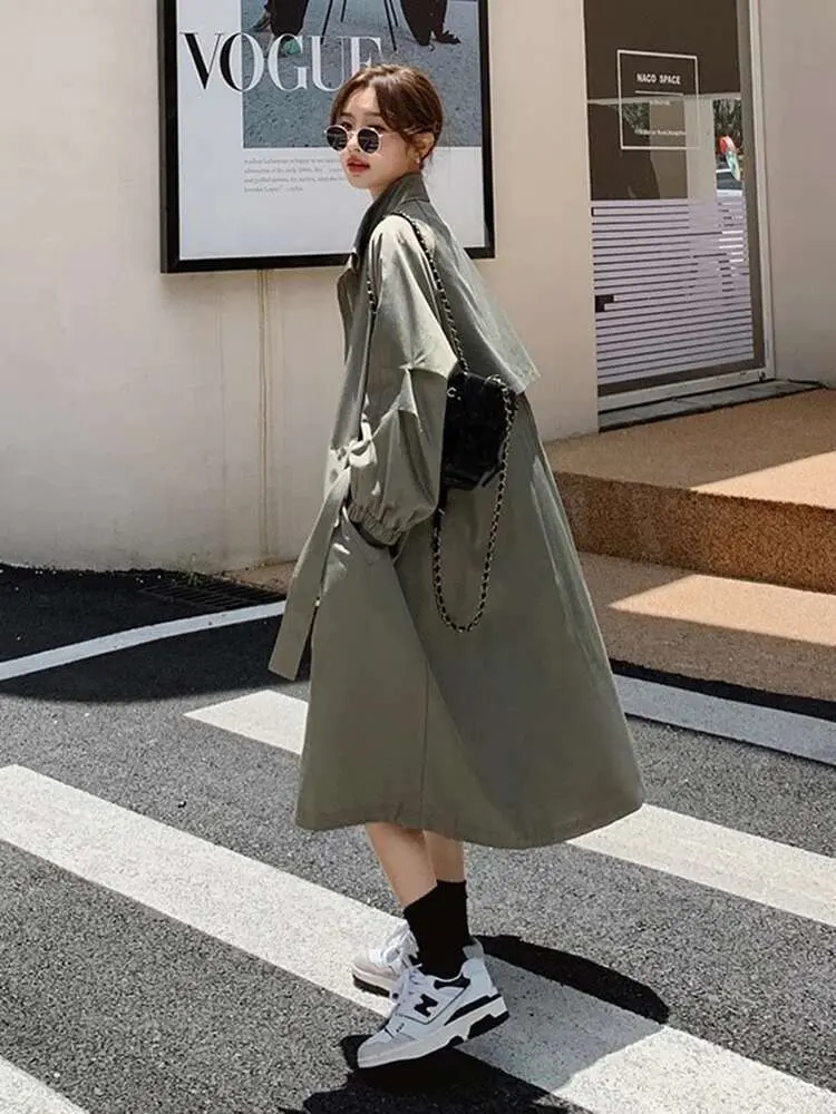 LANMREM Loose Casual Trench Coat Women Lapel Solid Color Zipper Mid Length Windbreaker With Belt Autumn Fashion Clothing 2R4502
