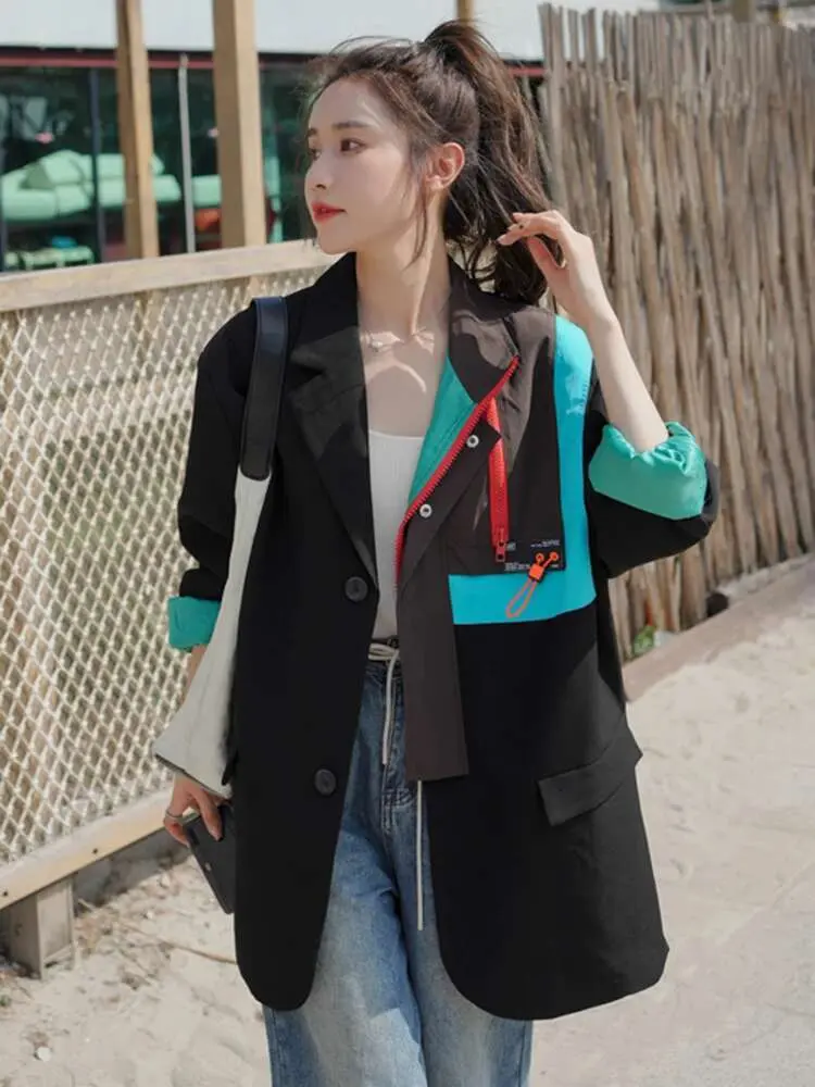 LANMREM Patchwork Designer Women's Blazer Notched Collar Contrast Color Single Breasted Coat Streetwear 2024 Spring New 2AA5218
