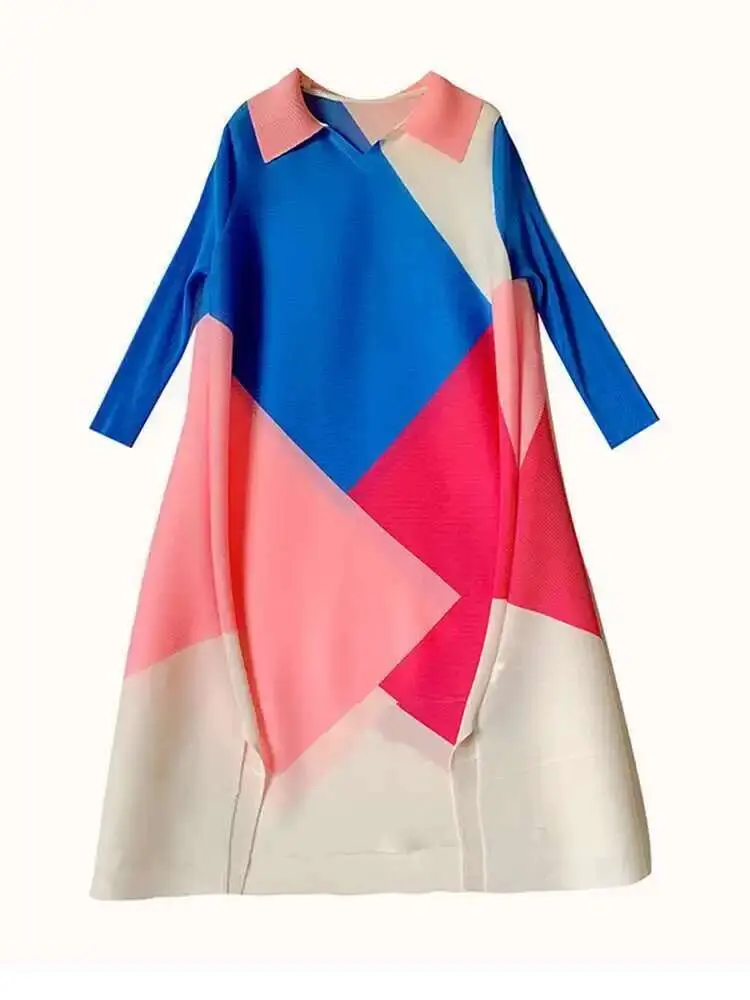 LANMREM Pleated Dress Long Sleeves Lapel Color Block Loose Dresses 2025 New Autumn Female Fashion Festival Clothes 2YA878