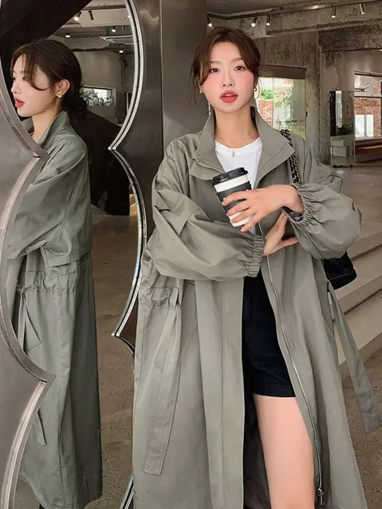 LANMREM Loose Casual Trench Coat Women Lapel Solid Color Zipper Mid Length Windbreaker With Belt Autumn Fashion Clothing 2R4502